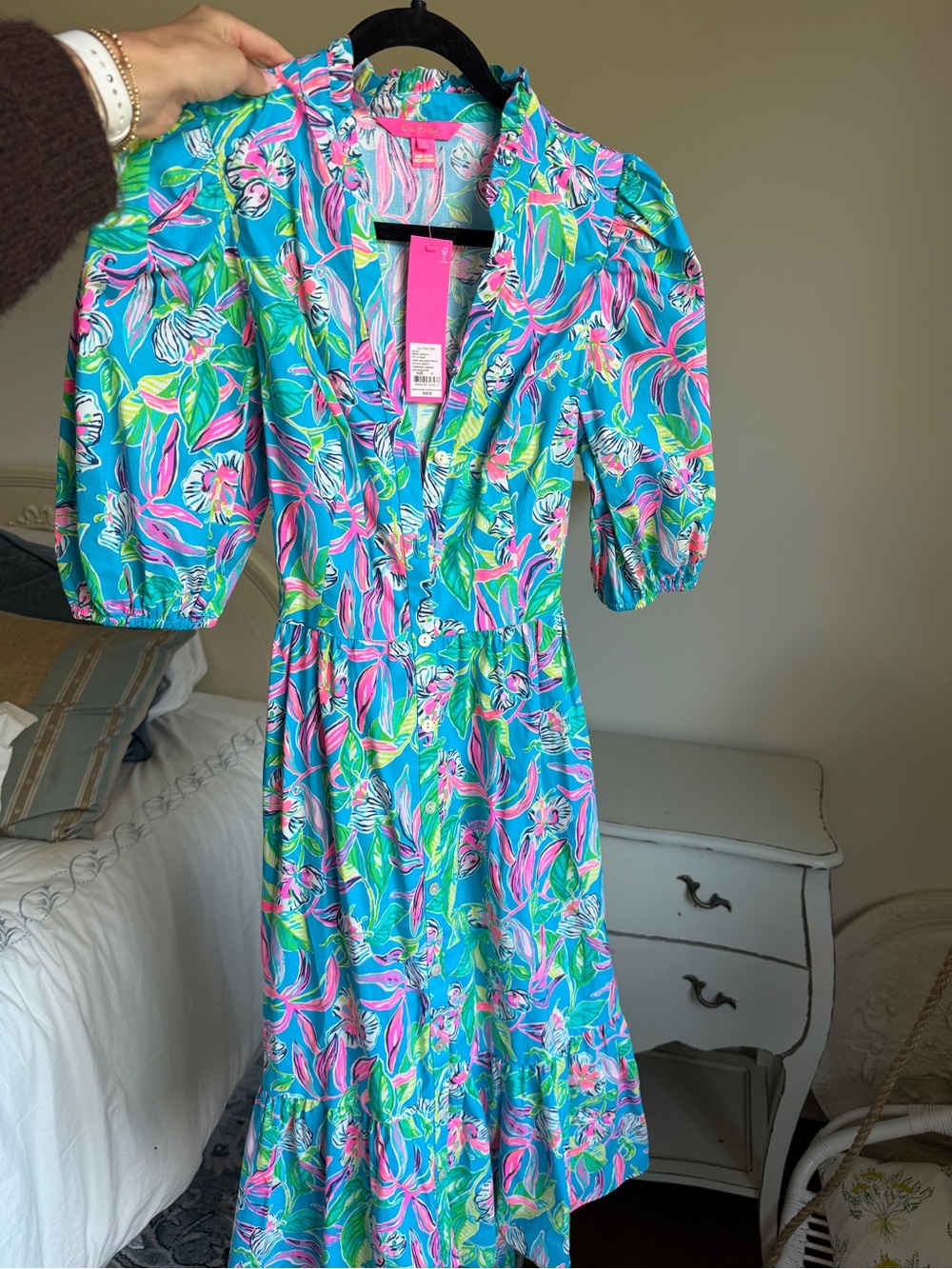 Lilly Pulitzer Turquoise Floral Puff-Sleeve Maxi Dress